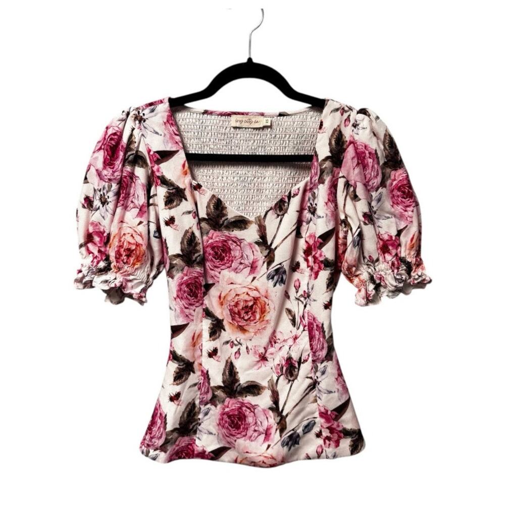 Ivy City Co white pink floral rose print, puff sleeve square neck blouse Size XS